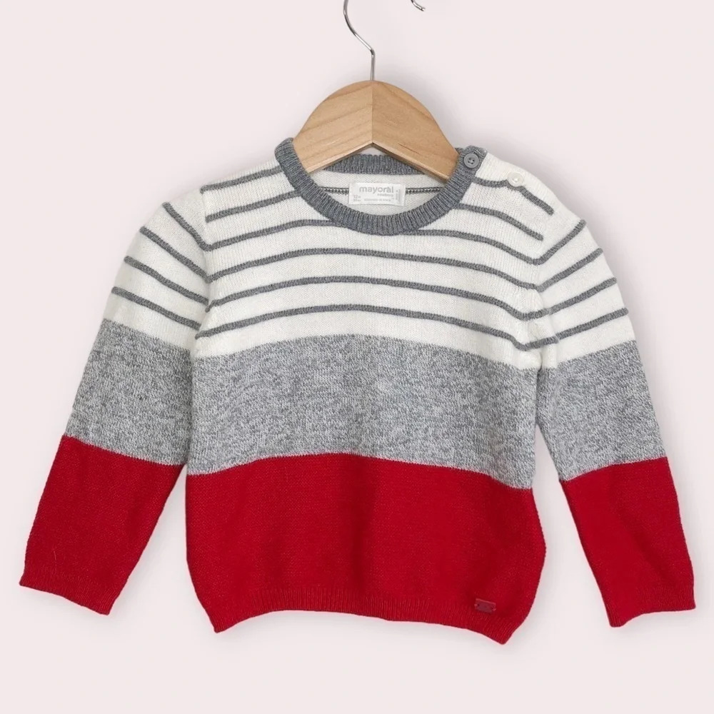 Mayoral sweater red w/ gray and ivory stripes wool‎ blend size 12 months